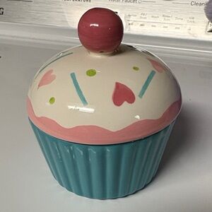 Whimsical Teal & Pink Ceramic Cupcake Canister (Small)